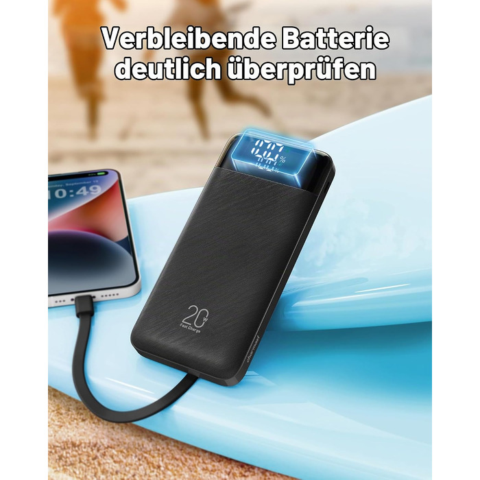 Повербанк Charmast 20000 mAh з вбудованими кабелями, швидка зарядка 22.5W, чорний