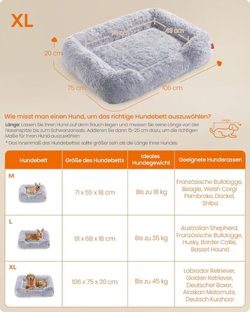 Ліжко для собак Feandrea, м'який лежак, корзина для собак, диван для собак, XL (106 x 75 x 20 см), сірий колір Ombré, знімний чохол, неслизьке покриття