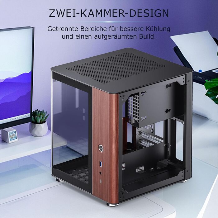 Корпус для ПК Jonsbo TK-0 Mini-ITX, чорний — SFF корпус із загартованим склом та дерев'яними елементами, підтримка відеокарт до 230мм, USB-C