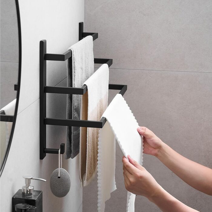 Тримач для рушників без свердління для ванної кімнати | Без бактерій | Приховані шурупи | Тримач для рушників з гачками - нержавіюча сталь SUS 304, чорний