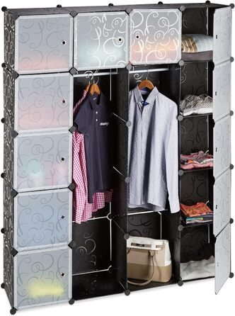 Relaxdays Modular Clothes Rack System with 2 Clothes Rails, Wardrobe with 14 Compartments, Plastic Shelving System, Black