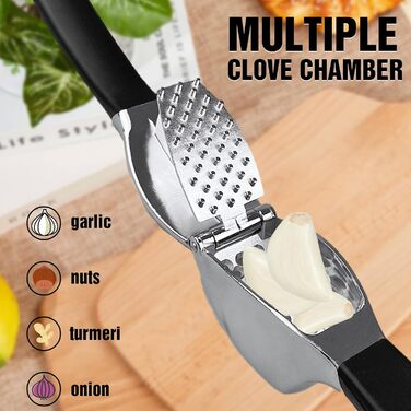 Прес для часнику з нержавіючої сталі - багатофункціональний прес для часнику з силіконовим очищувачем та щіткою для чищення. Прес для часнику, придатний для миття в посудомийній машині. Чорний + срібний