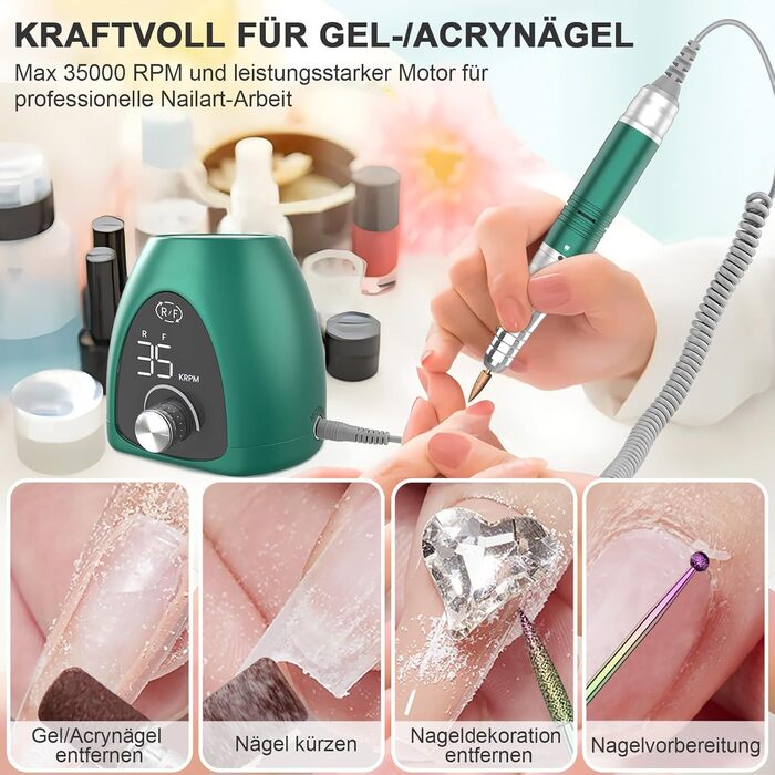 Електричний фрезер для нігтів 6 в 1: манікюрний набір з LED дисплеєм, 35000 об/хв, для гель, акрил, Shellac. Підходить для початківців та професіоналів (Зелений)