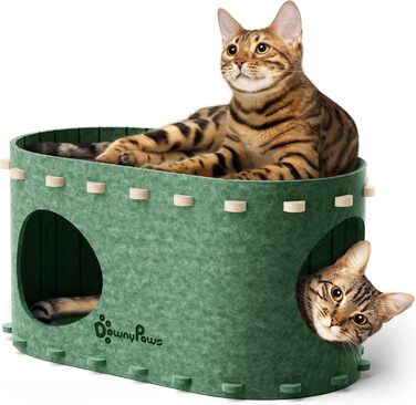 Будиночок-гніздо для котів DownyPaws з фетру, 2-ярусне котяче ліжко, 50 x 33 x 50 см. Затишний дизайн, захист кігтів, зелений колір