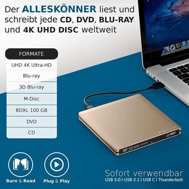 Зовнішній Blu-ray привід techPulse120 UHD 4K 3D M-Disc BDXL, USB 3.0 та USB-C, Slim Superdrive для ноутбуків та ПК (Windows, Mac OS), Алюміній, Золотий