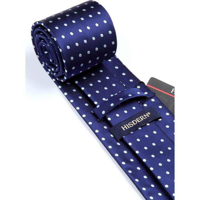 HISDERN Комплект краватки та нагрудного хустинки для весілля: синій горошок, довга краватка, класичний стиль, для чоловіків, бізнес, преміум якість
