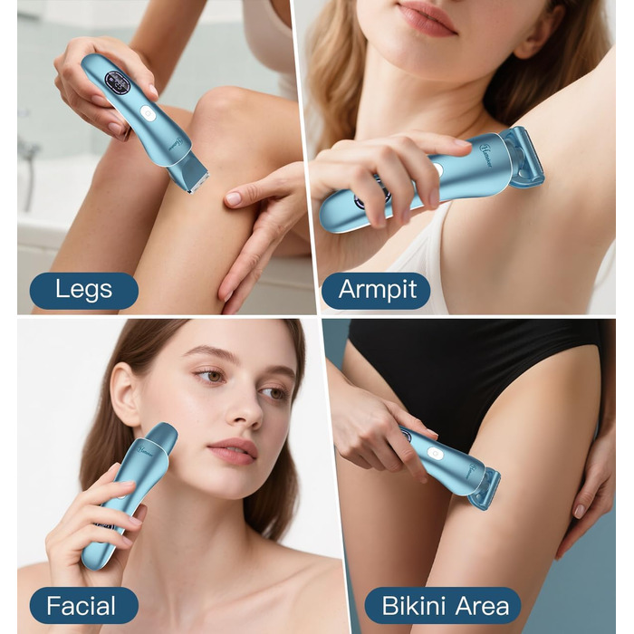 Електричний епілятор Hatteker 3-в-1 для жінок: тример, брітор та епілятор. З LED-дисплеєм, IPX7, USB-зарядка (Блакитний)