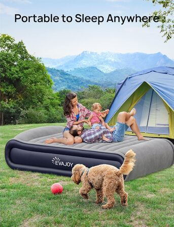 Надувний матрац Evajoy Queen з вбудованим насосом, 17'' Double High Airbed з підголівником, швидке надування/здування за 3 хв, комфортний Flocked Top для дому