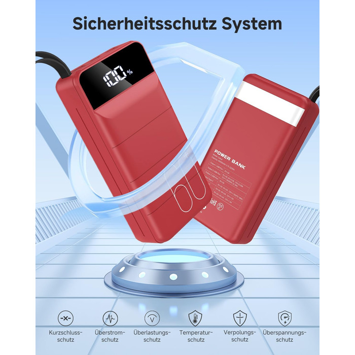 Power Bank 60000mAh 22,5W USB-C PD, Зовнішній акумулятор з 4 портами, Червоний