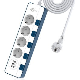 Мережевий фільтр KEPLUG з 6 розетками та 3 USB-портами (4000W, 16A), блакитний, з дитячим захистом, 2 м кабель