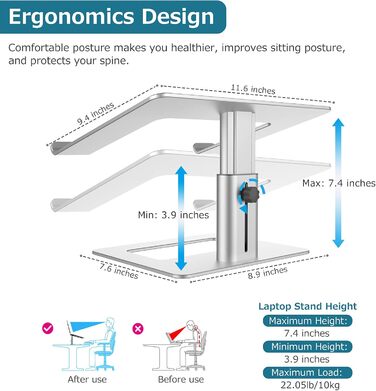 Підставка для ноутбука GOKEDA, ергономічна регульована, з алюмінієвого сплаву, сумісна з MacBook, Dell, HP, Lenovo, Samsung (11-17 дюймів), срібна