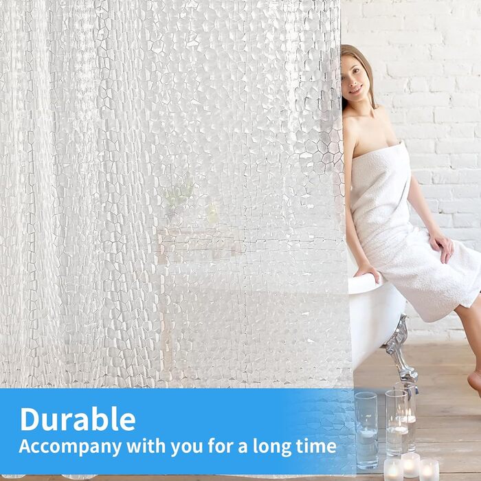 Штора для ванної OTraki напівпрозора 180x200 см, антигрибкова, миється, з EVA, водонепроникна 3D штора для душу з 12 кільцями, без ПВХ