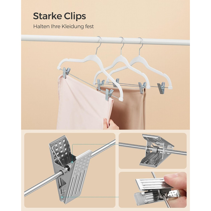 SONGMICS Velvet Clothes Hangers, 20-Piece Set, Pant Hangers, 42.5 cm Long, with Adjustable Clips, Non-Slip, Space-Saving, for Pants, Coats, Dresses, White CRF012W20