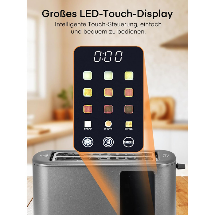 Тостер на 4 підсмажувальні слоти, 1400W, нержавіюча сталь, довгі слоти, 9 режимів підсмажування, 3 види хліба, функція відключення, розморожування та підігріву, сенсорне керування, з насадкою для бутербродів (сірий)