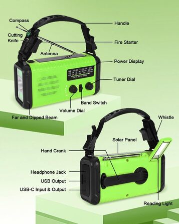 Сонячне радіо Kurbelradio з Powerbank 20000mAh, AM/FM/WB радіо, ліхтарик, зарядний пристрій USB-C, SOS-сигнал, компас, водонепроникне для відпочинку на природі, кемпінгу, екстрених ситуацій, зелений світло-зелений