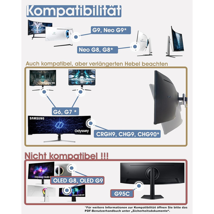 Адаптер VESA 3IDEE для моніторів Samsung Odyssey G9, Neo G9, G8, Neo G8 — Кронштейн для вигнутого монітора 49 дюймів, навантаження до 30 кг, VESA 100x100, білий