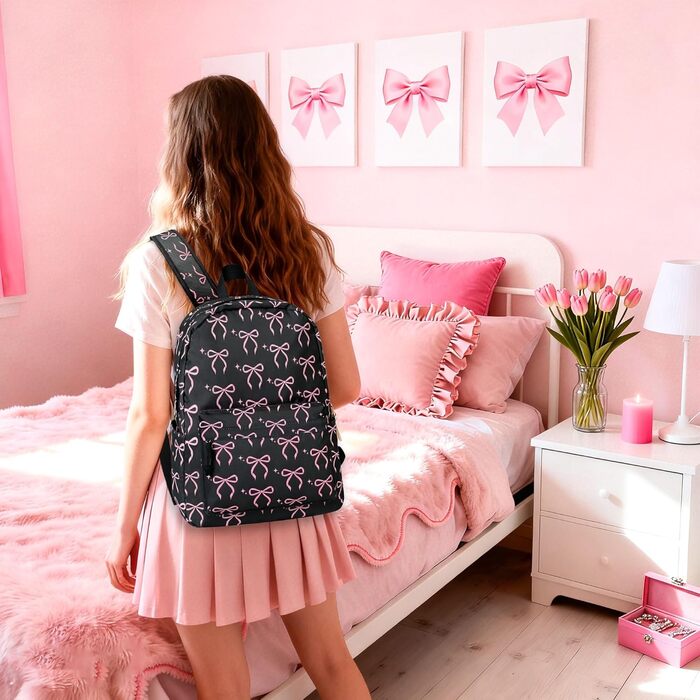 Жіночий рюкзак для ноутбука, шкільний рюкзак, легкий та стильний, чорний/рожевий