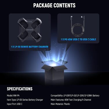 NEEWER LP-E6NH Запасний акумулятор та USB зарядний пристрій, комплект 3 шт., 2250mAh, сумісний з Canon EOS R7, R5, R6, R6 II, 80D, 90D та ін.