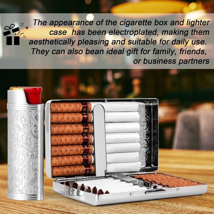 Вінтажне металеве тютюнотримач для сигарет з запальничкою J6, вміщує 12 шт. сигарет (100 мм), органайзер для RFID-карт та грошей (срібний)