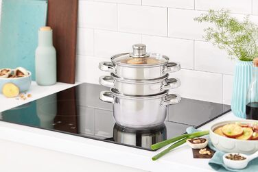 Набір каструль KitchenCraft 3 шт. з набором для приготування на пару, нержавіюча сталь, 16 см (6''), сріблястий, у подарунковій коробці