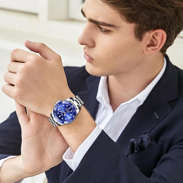 Годинник LIGE чоловічий, аналоговий кварцовий годинник з нержавіючої сталі, 3ATM (30м) водостійкий, з календарем та світловим покриттям, для бізнесу та відпочинку (блакитний)