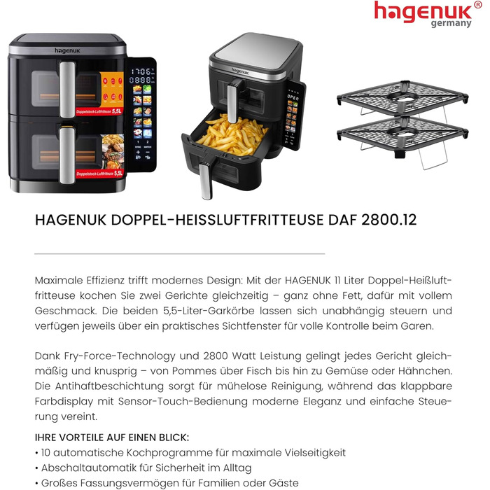 Преміум фритюрниця Hagenuk DAF 2800.12 з подвійним нагрівом, 2 х 5,5 л, 10 програм, Touchscreen, Grill-функція, Made in Germany