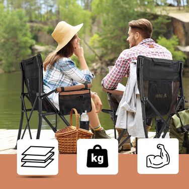 Крісло кемпінгове складне чорно-коричневе, до 150 кг, дихаючий сітчастий матеріал, з бічною кишенею, подушкою та підсклянником - для риболовлі, пляжу, кемпінгу