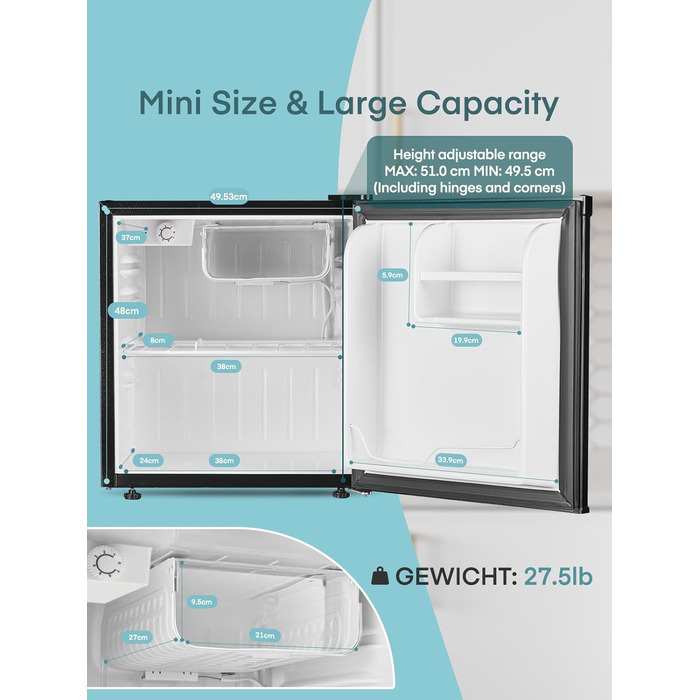 Міні-холодильник FOHERE 46L з відділенням для льоду | Компактний холодильник | Регулювання температури, енергозбереження, тиха робота | Холодильник для напоїв, ідеальний для офісу, кемпінгу та геймінгу | Змінний бік відкривання дверцят | Чорний