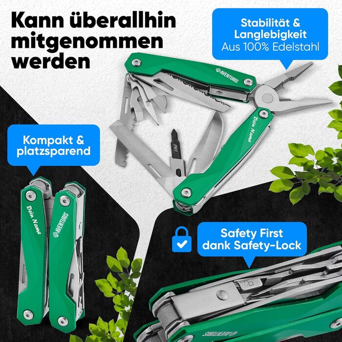 AVENTURIS® Multitool. Great multifunctional tool as bicycle accessory or outdoor gear, a multitool as men's gifts or a Leatherman multitool, green (Personalized, Green)
