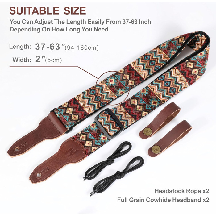 Гітарний ремінь Nefelibata Banjo-Gurt, 5,1 см, повна шкіра з телячої шкіри, бохо-коричневий