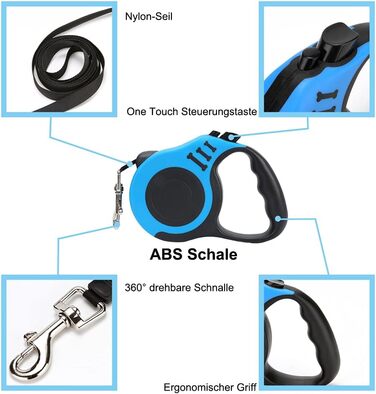 Висувна повідка для собак, 5 м, блакитна, для малих, середніх та великих собак