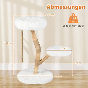 Дерев'яний кігтеточки для котів COSTWAY 90 см, 3-ярусний, з плюшем, джутовим мотузком, білий + натуральний колір