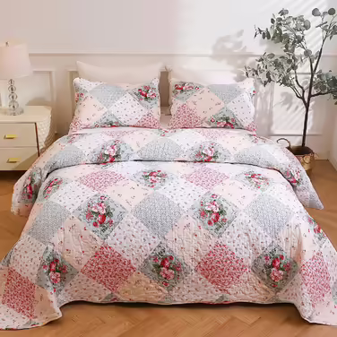 DECMAY Daybed Cover 220x240 cm, Bedding Floral Patchwork Blanket Bedspread, 3 Piece Bedspread Microfiber Daybed Cover with 2 Pillowcases 50x70 cm, for Daybed Sofa 220x240cm Pink