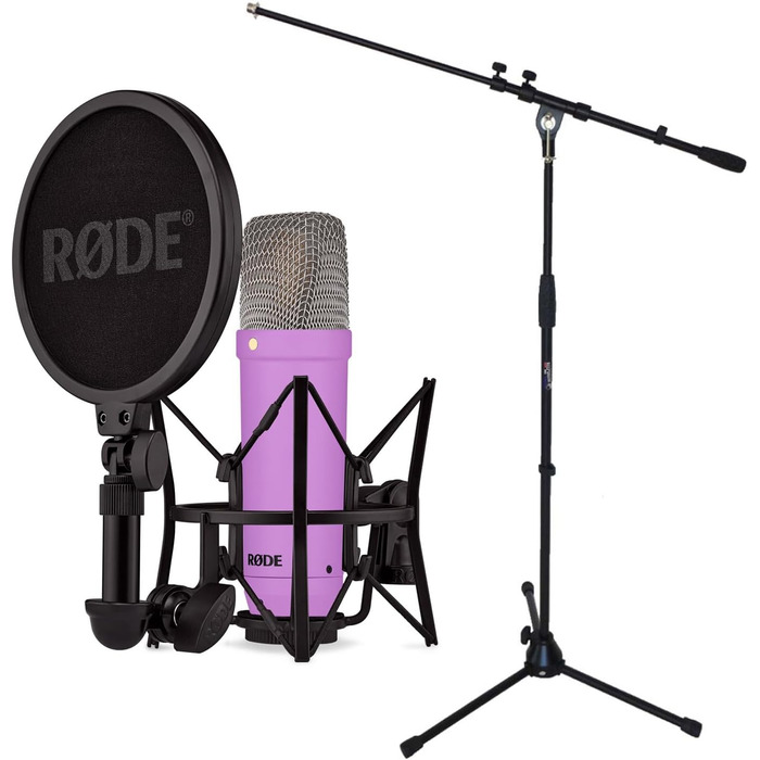 Rode NT1 Signature Black – студійний мікрофон-конденсатор + стійка для мікрофона keepdrum (фіолетовий)