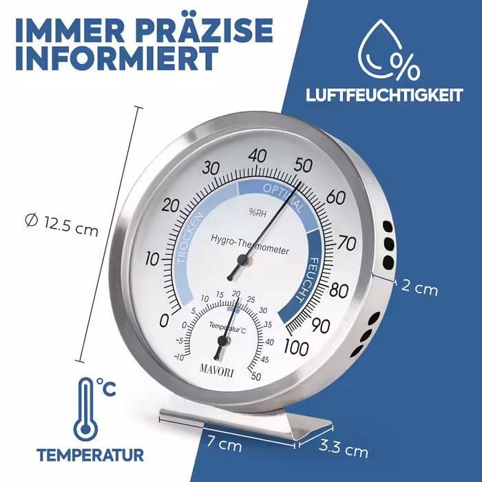 MAVORI® 2in1 Indoor Analog Hygrometer and Thermometer made of Stainless Steel - Analog Thermometer Hygrometer - Temperature and Humidity Meter for a Healthy Indoor Climate - Ø 12.5cm