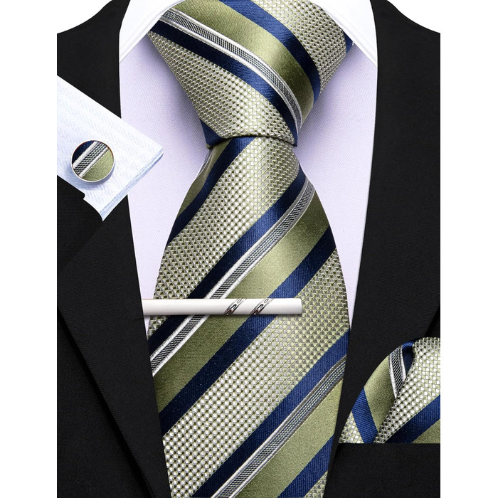 Комплект краваток Barry.Wang для чоловіків: шовкові краватки, кишеньковий хустинка, запонки, краватка в клітинку - святковий варіант для весілля (синьо-зелена смугаста краватка)