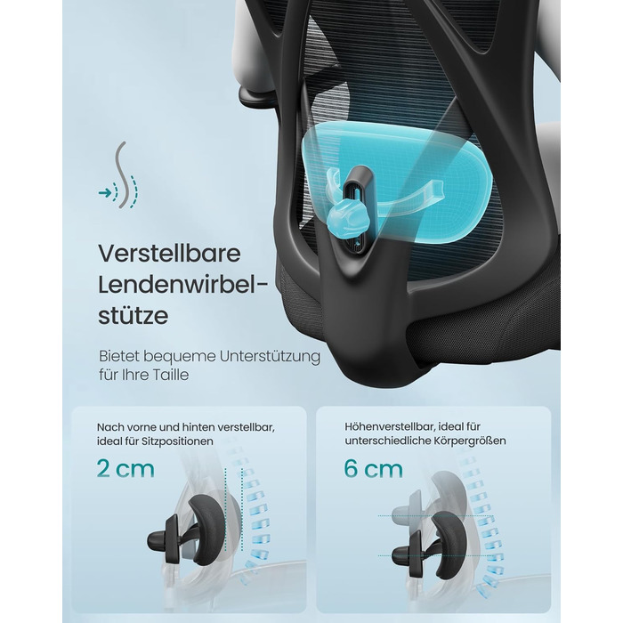 Крісло офісне SONGMICS, комп'ютерне, сітчасте, регульована поперекова підтримка та підголовник, вантажопідйомність 150 кг, регульована висота, чорний, OBN063B01