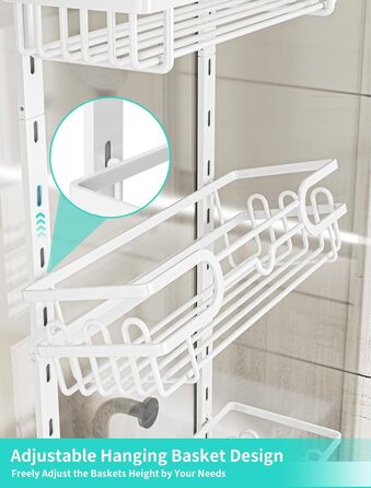HapiRm Shower Shelf - Hanging Shower Rack Adjustable with 4 Shower Baskets, Shower Shelf No Drilling with Soap Dish and Hooks, Shower Shelf Over the Door Glass Wall & Bathroom Door (White)