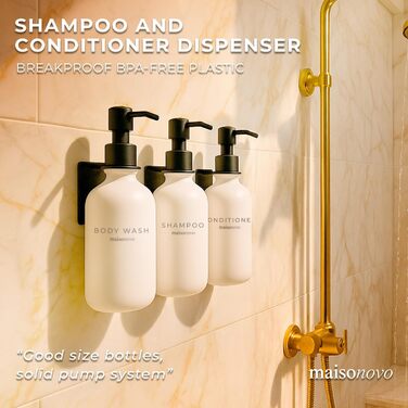 Шампунь MaisoNovo: Набір з 3 флаконів (500 мл) для душу та миття рук, настінний диспенсер, чорний насос, прозорий/чорний X 3