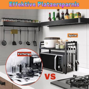 Розширювана полка для мікрохвильової печі, 2 яруси з 6 гачками, телескопічна полка для кухні 42-64 см, органайзер для спецій та кухонного приладдя (Чорний)