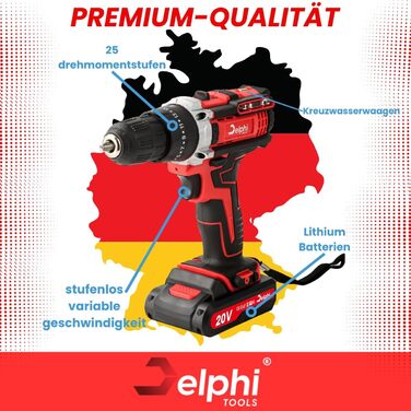 Акумуляторний шуруповерт DELPHI 20V: комплект з 2 акумуляторами, 50Nm, 2 швидкості, 25 ступенів моменту, LED-ліхтар, 34 аксесуари в кейсі для DIY-проєктів