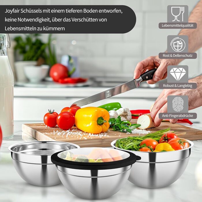 Набір мисок Joyfair 6 шт., нержавіюча сталь з прозорою кришкою та 3 насадками-тертками, об'єм 4,5/2,7/2/1,5/1,2/0,7 л, салатниця для приготування та випічки, стійка до миття в посудомийній машині, чорний колір