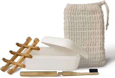 Миска для мила EDARTO® з бамбука з піддоном для стікання та кришкою – екологічна, з бамбука та кукурудзи + мішечок для мила з 100% натурального сизалю для пілінгу тіла