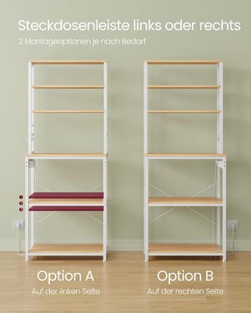 Стелаж кухонний VASAGLE з розетками, 6 полиць, гачки, сталевий каркас, 40x60x167 см, золотий дуб + білий, KKS124Y01 60B