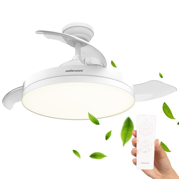 Стельовий вентилятор Mellerware з пультом Brizy, 132 см, DC мотор, 6 швидкостей, літньо-зимовий режим, таймер, білий вбудований