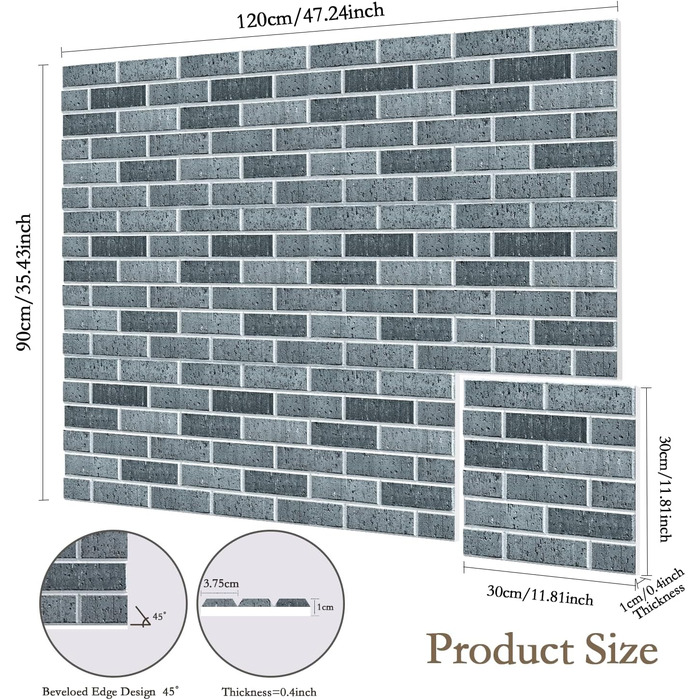 Акустичні панелі JBER самоклейні для звукоізоляції, шумопоглинаючі стінові панелі «цегляний» для студії, геймерської кімнати та офісу, 30x30x1 см, 12 шт, колір чорний крейда