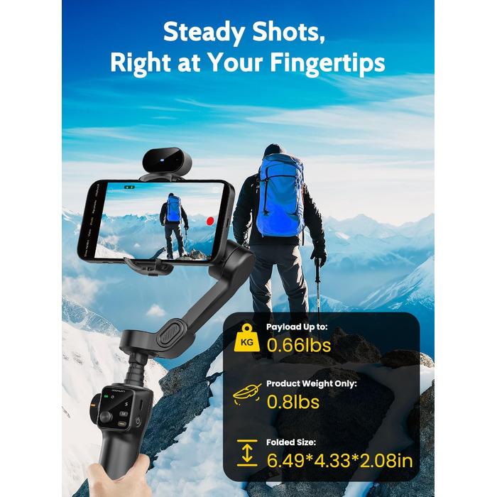 Стабілізатор для смартфона AOCHUAN V8 AI: 3-осьовий, для iPhone/Android, OLED-дисплей, 20 см, AI-трекінг, чорний