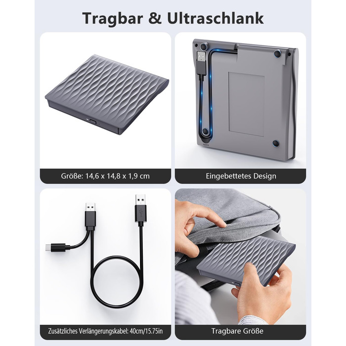 Зовнішній DVD/CD привід DANGZW USB 3.0 Type-C, портативний DVD-брунер та плеєр для ноутбука та ПК, сумісність з Windows, MacOS, Linux (сірий)