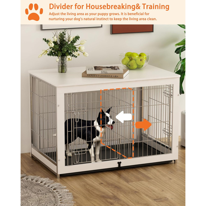 Будка для собак Piskyet з дерева з перегородкою, столиком, двома дверцятами, для дому (96 x 63,8 x 66,8 см), білий