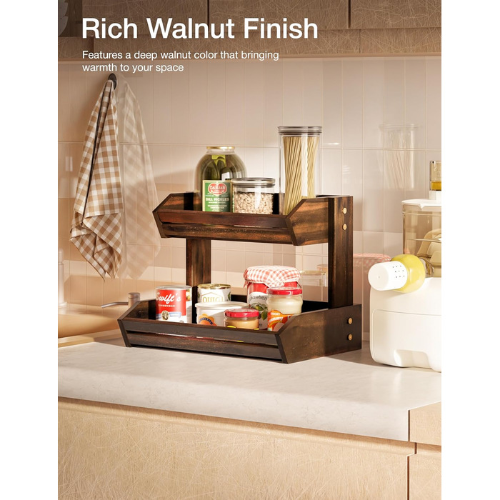 Двоярусна фруктова корзина HOLANA з дерева горіха для кухонного столу - органайзер для фруктів, овочів та закусок